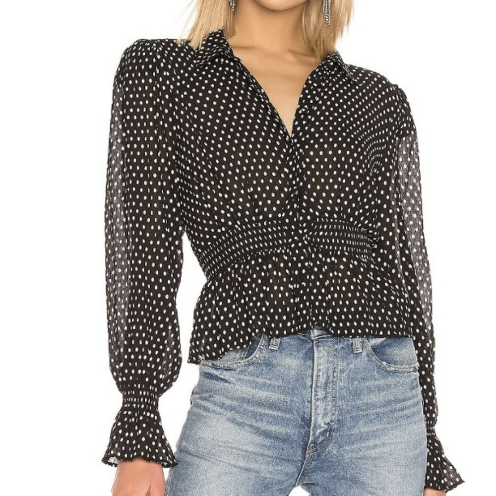 L'Academie Black & White Polka Dot Long-Sleeve Blouse